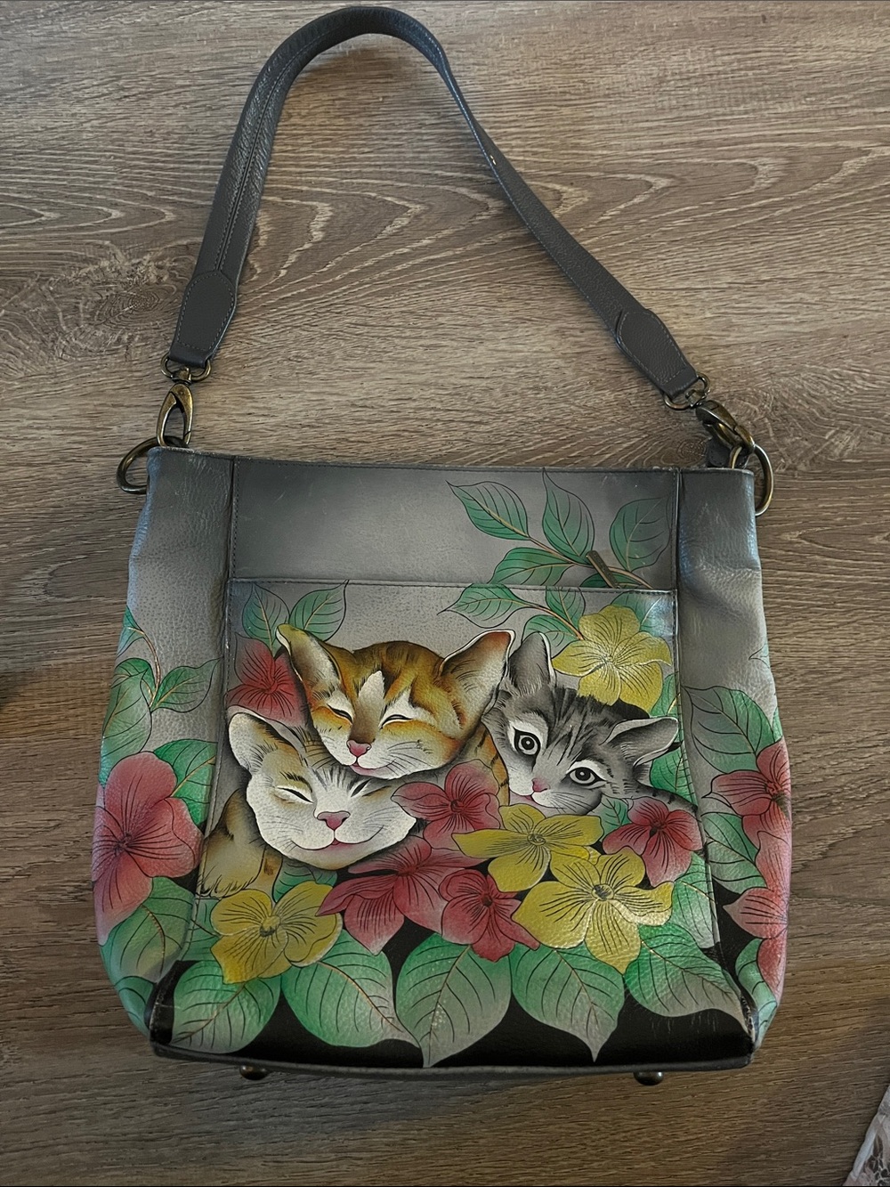 Hand-Painted Gray Leather Shoulder Bag with Floral & Cat Motif